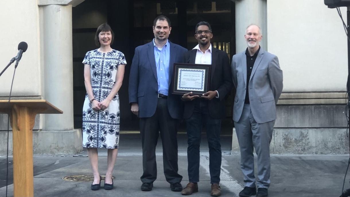 2023 Outstanding Postdoc Mentor Dr. Akhenaton-Andrew Dhafir Jones with Dr. Colin Duckett, Vice Dean for Basic Science; Dr. Christopher Freel, Associate Vice President for Research & Innovation; Molly Starback, Director of Duke Postdoctoral Services.