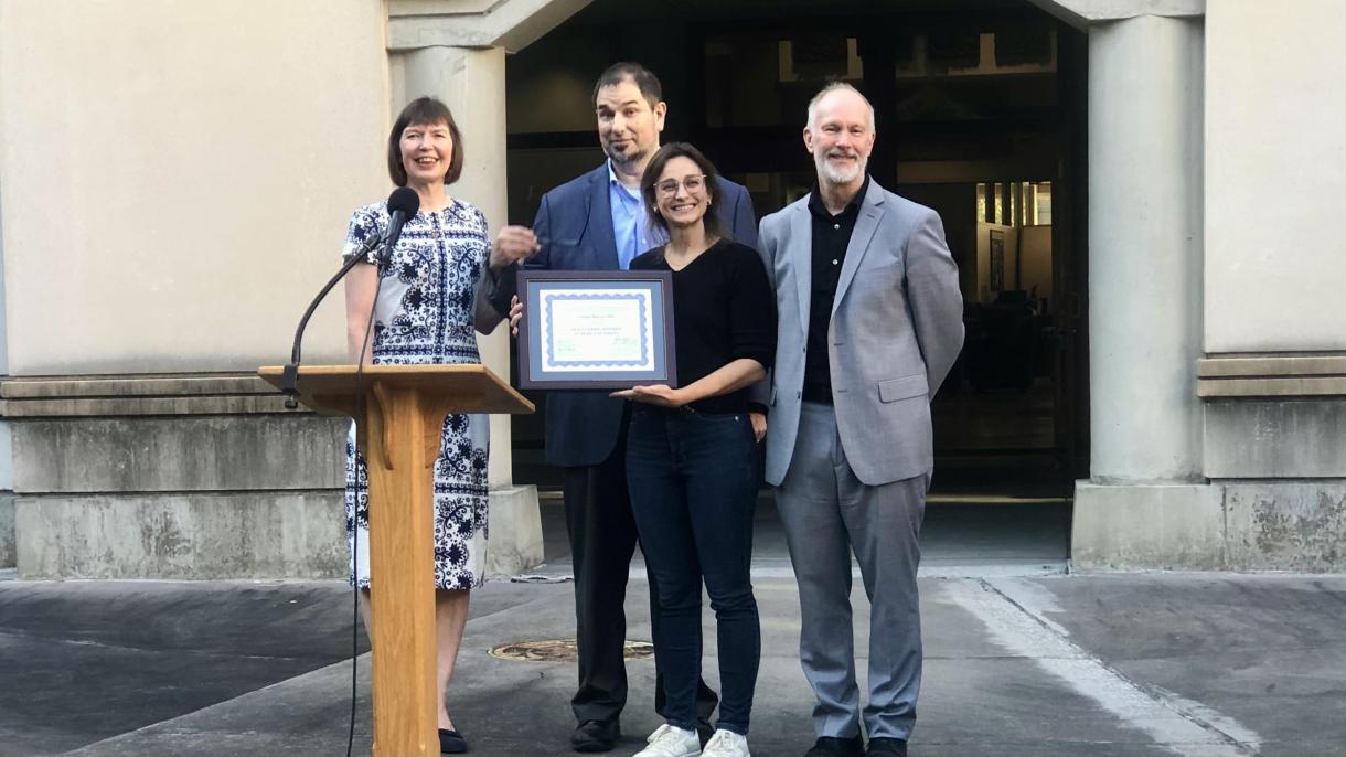 2023 Outstanding Postdoc Award winner Dr. Géssica Barros with Dr. Colin Duckett, Vice Dean for Basic Science; Dr. Christopher Freel, Associate Vice President for Research & Innovation; Molly Starback, Director of Duke Postdoctoral Services.